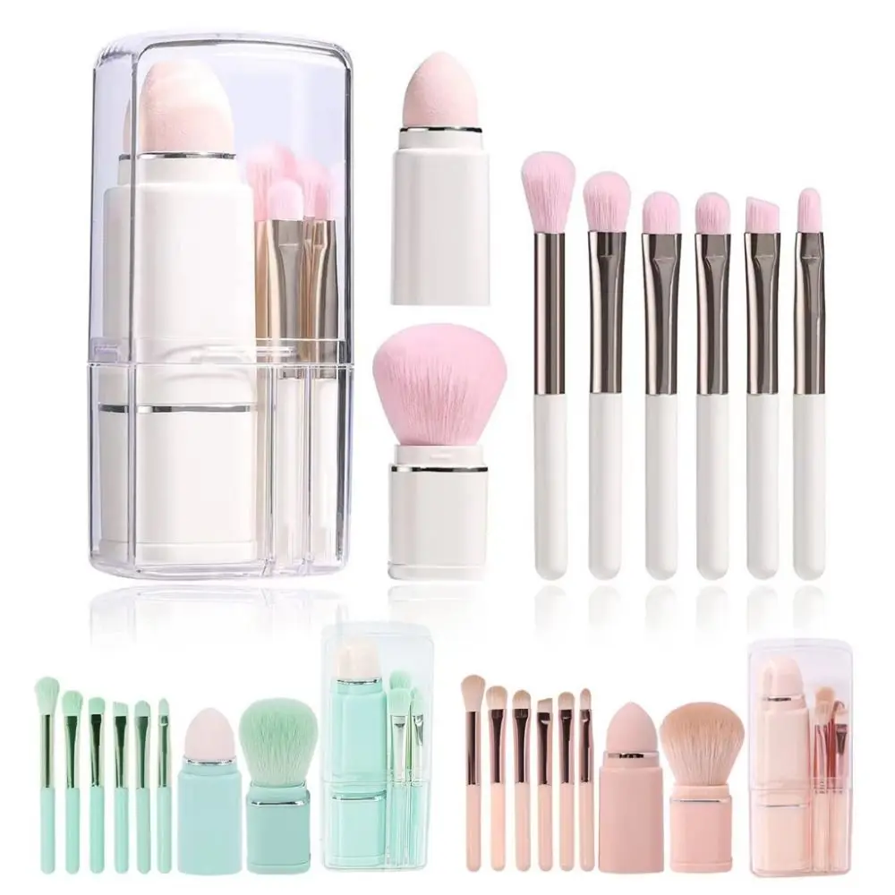 Portable 8 in1 Mini Makeup Brush Set Square Tranparent Cosmetic Brush Powder Puff Eyelash Brush Telescopic Makeup Brush Women