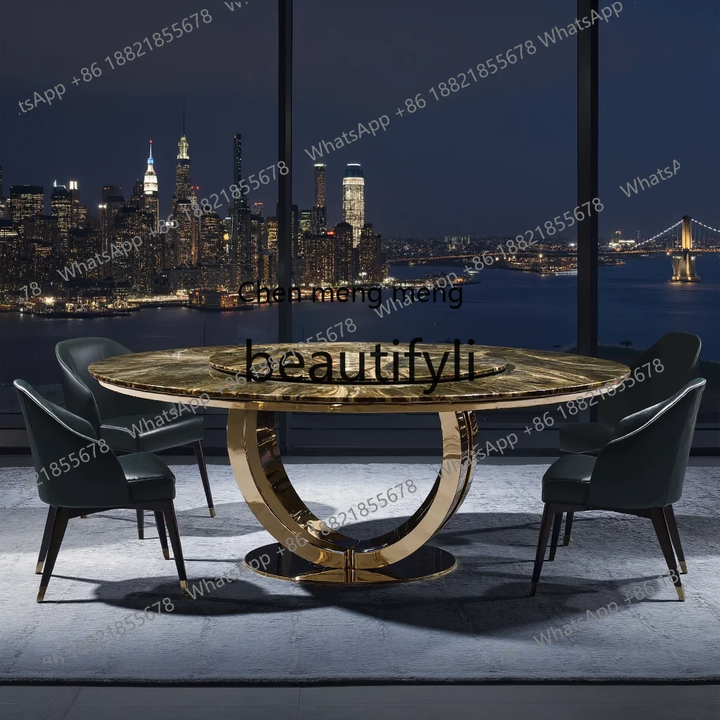 Luxury stone dining table Natural marble Italian high-end golden leg luminous jade double round table