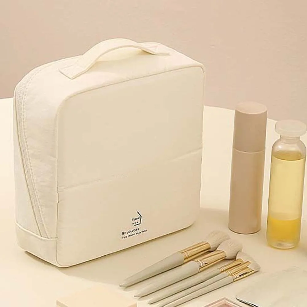 Large Open Standing Makeup Bag Multiple Compartments Smooth Zipper Cosmetic Pouch Lightweight Strong Handle Toiletry Organizer