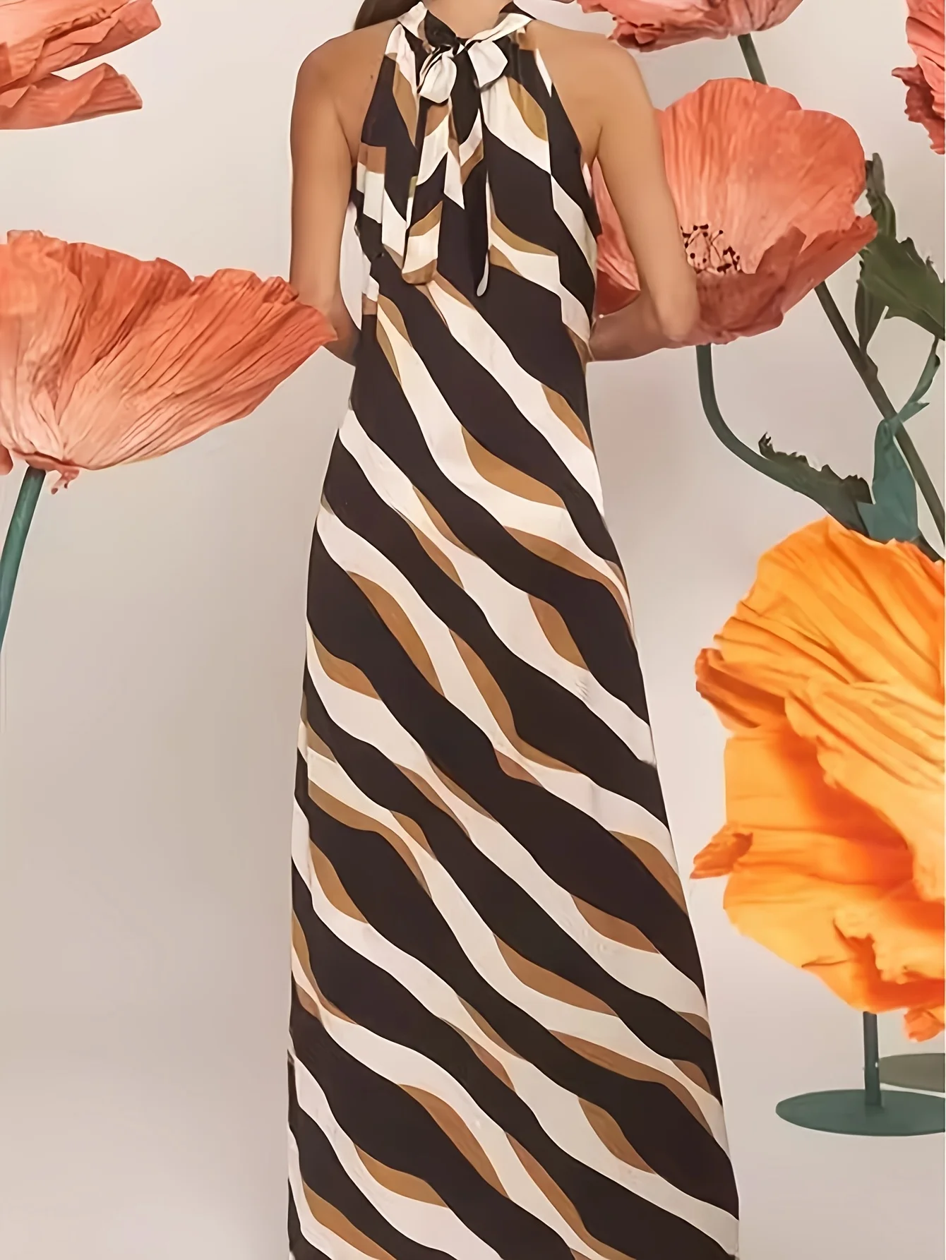 Summer casual elegant chic striped color blocked beach vacation sleeveless round neck tied dress long skirt