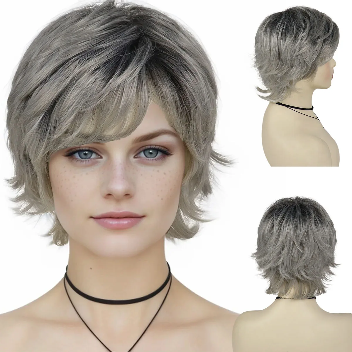 

Synthetc Grey Wigs for Older Women Mixed Gray Short Hair Curly Wig with Bangs Layered Haircut Mommy Costume Granny Old Lady Wig