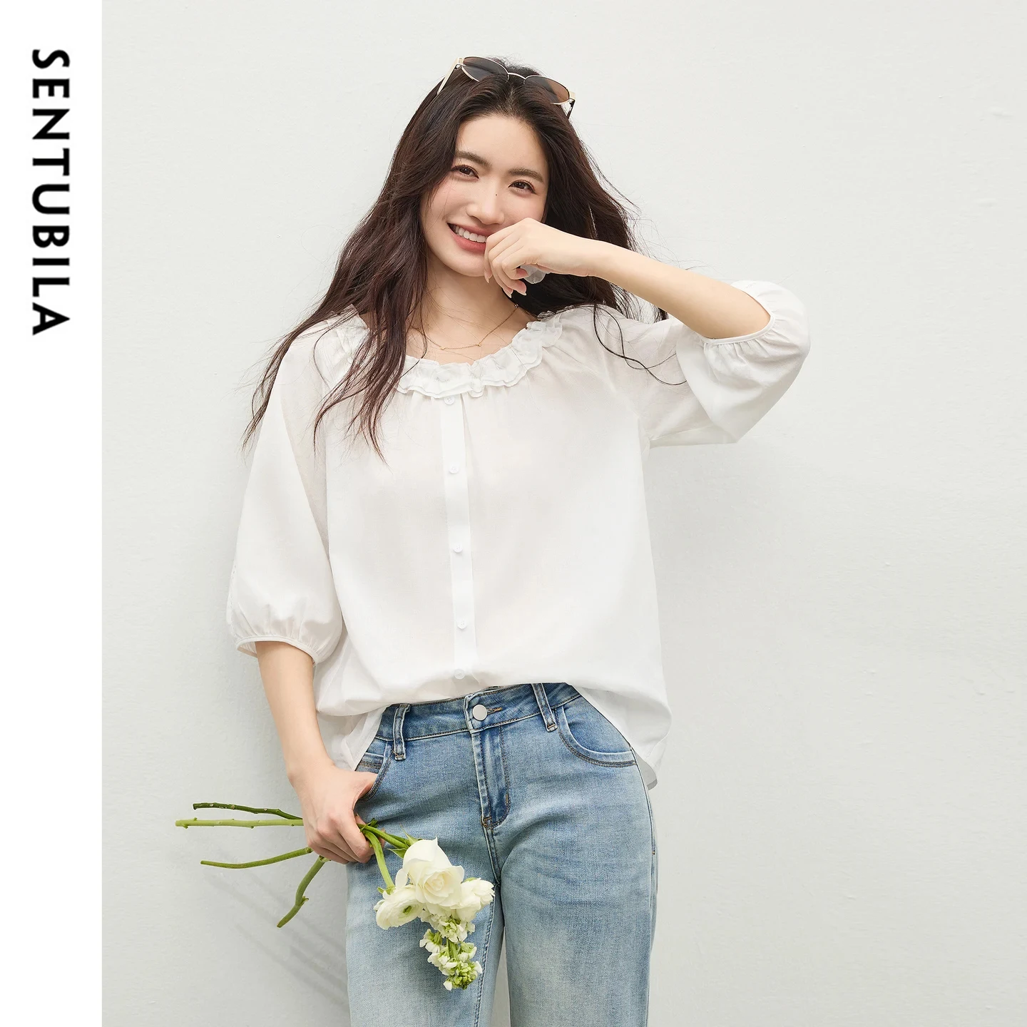 

Женская блузка SENTUBILA с двойным воротником и двойной оборкой, рукава-фонарики до локтя, прямая шифоновая рубашка 162CA6082