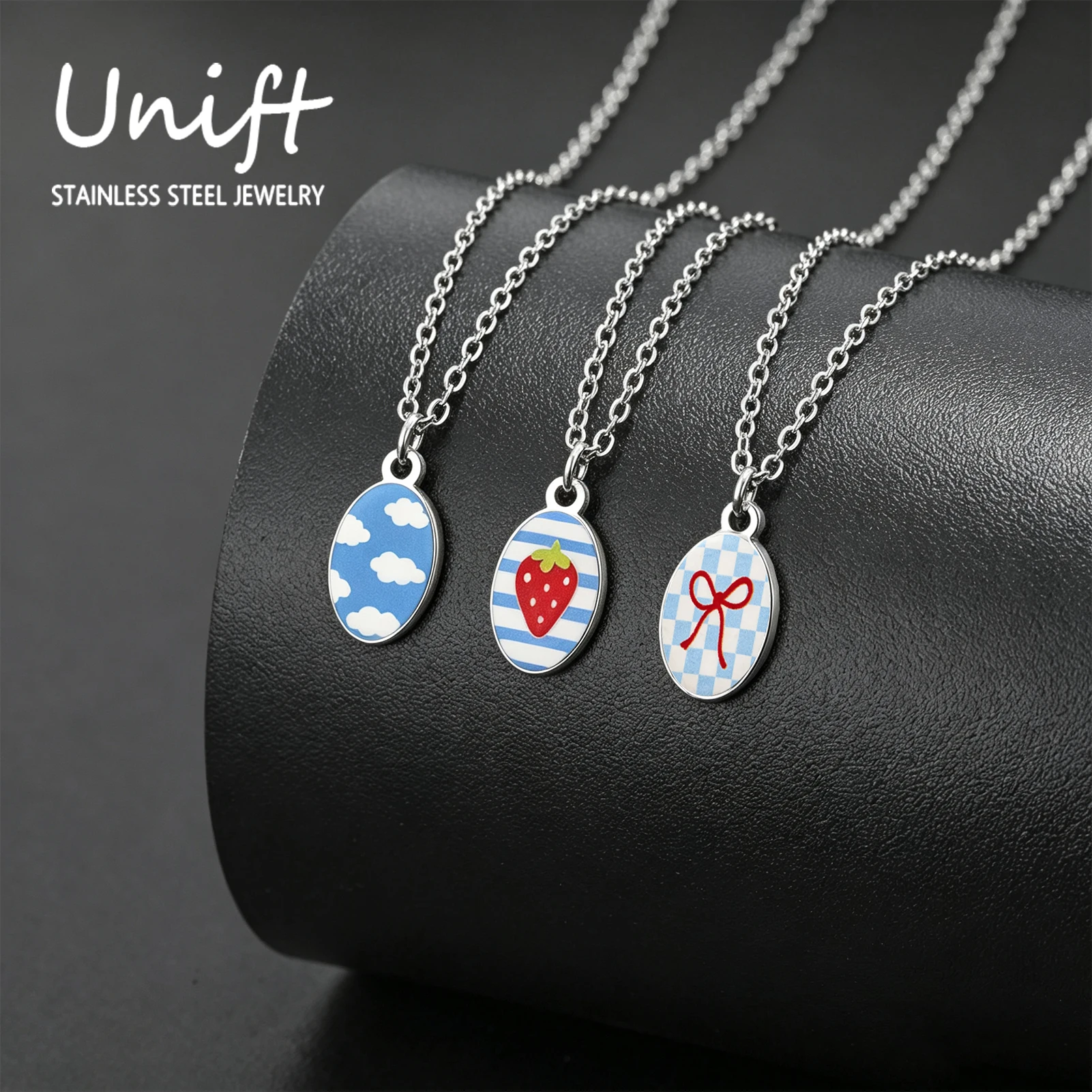 Unift Tiny Enamel Oval Pendant Necklace for Women Fashion Cloud Strawberry Bow Charm Choker Jewelry Party Gifts Wholesale