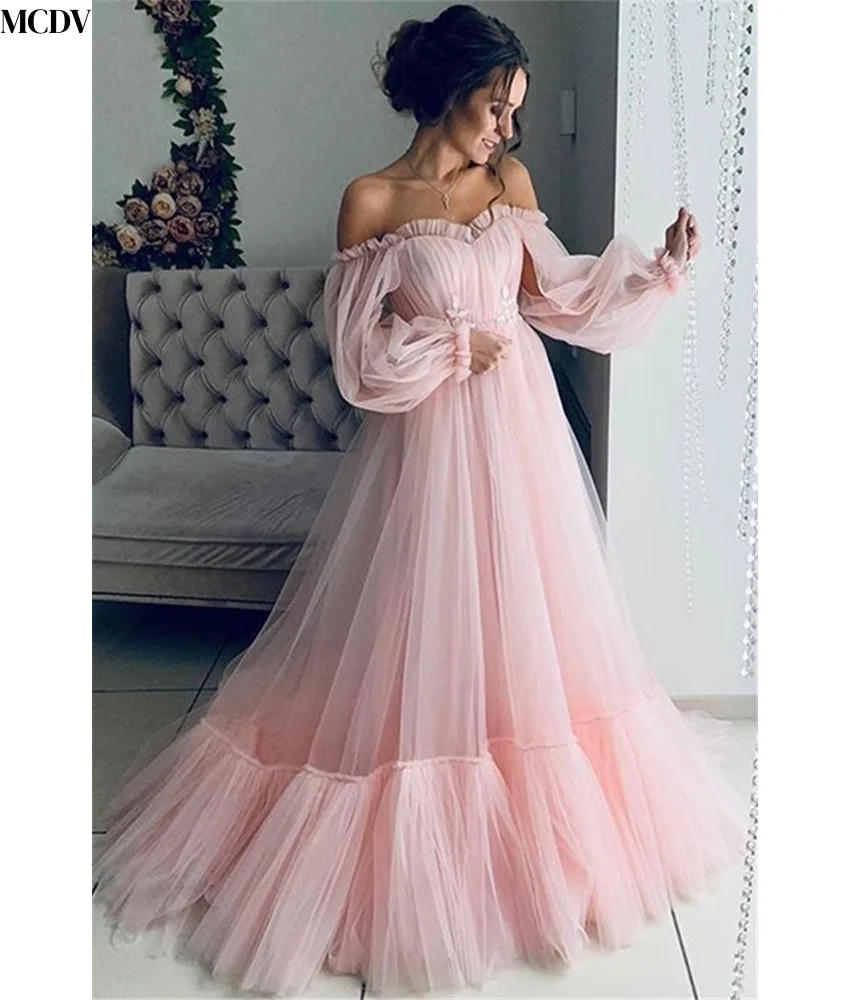 Customized Classic Tulle A-Line Off the Shoulder Ruffles Evening Dress High Quality Sweetheart Long Sleeves prom dresses