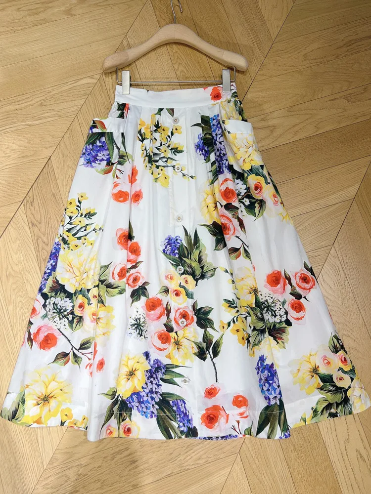 AELESEEN Sicilian Long 100% Cotton Skirt Women Summer High Waist Colorful Flower Print Pocket Single-breasted Elegant Beach