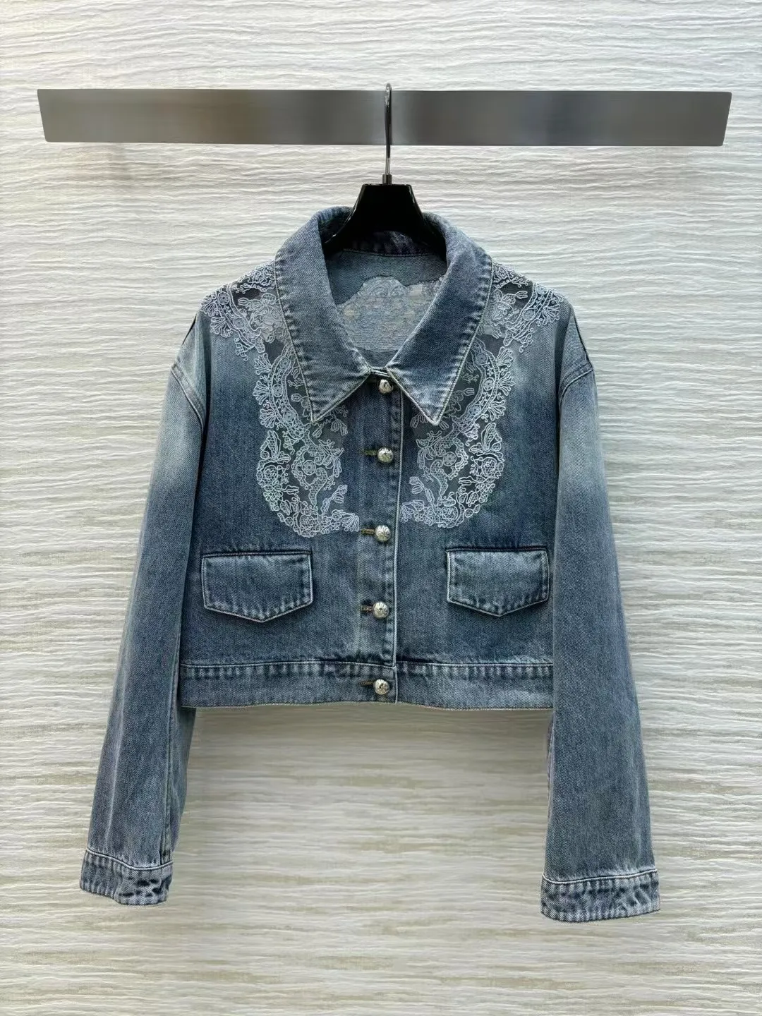 High end customized women's lace hollowed out embroidered denim jacket