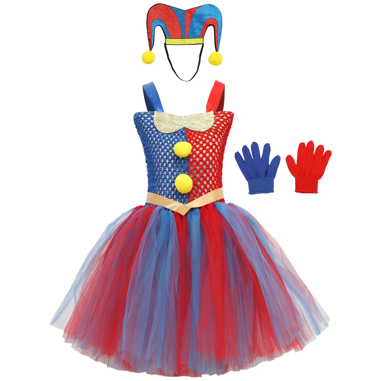 Kids Girl Halloween Circus Clown Cosplay Costume Halter Neck Tutu Dress with Clown Hat Gloves Set Children Theme Party Dress Up