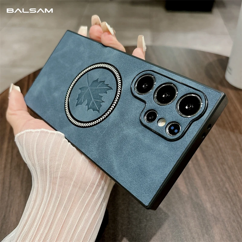غطاء جلد فاخر غير لامع لهاتف sammagsafe ، حافظة شحن لاسلكية ، نمط أوراق القيقب ، S21 ، S23 FE ، S22 ، S24 Ultra Plus ، Note 20