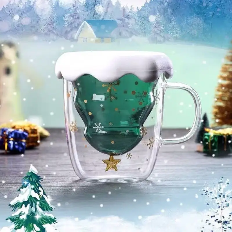 Christmas Tree Cup Transparent Double Heat Glass Resistant Creative Couples Mug Coffee Cup Children's Gift Christmas Cups