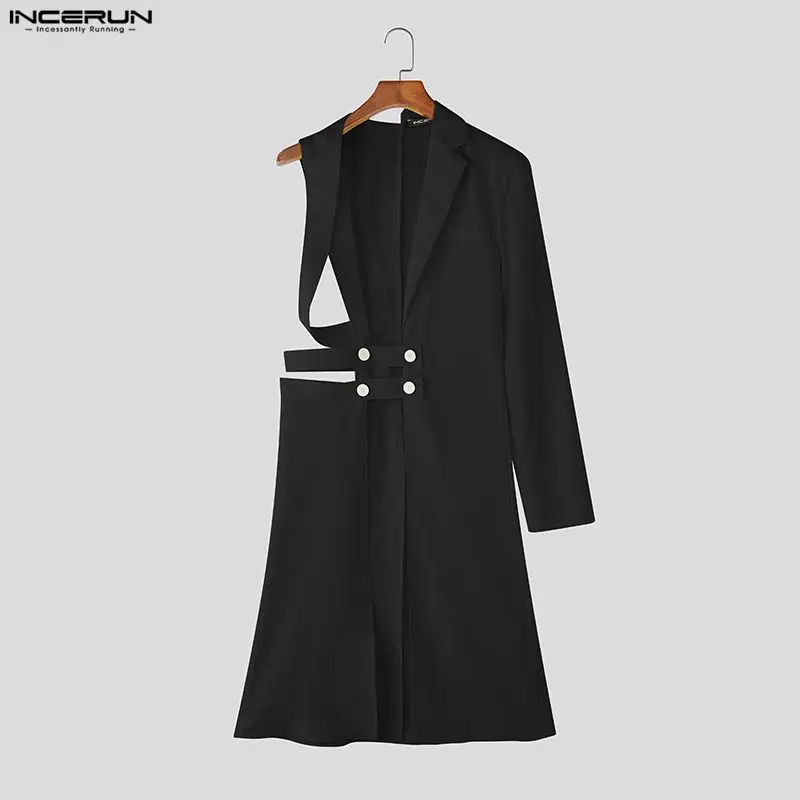 

INCERUN мужской нерегулярный пиджак с однотонными лацканами и длинными рукавами, длинный стильный пиджак, уличная одежда, двубортный модный мужской костюм с вырезами