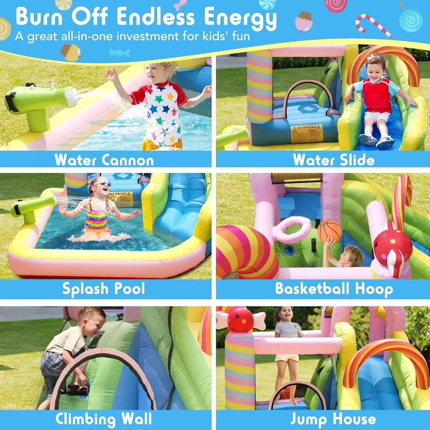Kids Inflatable Water Slide Bounce House, 6-in-1 Water Park with Splash Pool, Climbing Wall & Basketball Hoop, for Ages 3-10, 840D Oxford, 450W Blower, Backyard Outdoor Fun view 2