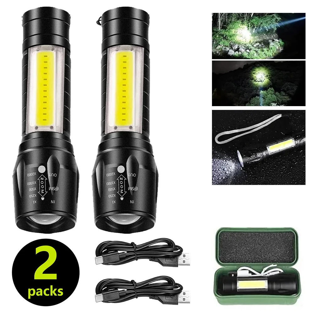 Portable COB+LED Pocket Flashlight Rechargeable Tactical Torch MINI 3 Lighting Mode with Side Lamp for Outdoor Camping Emergency