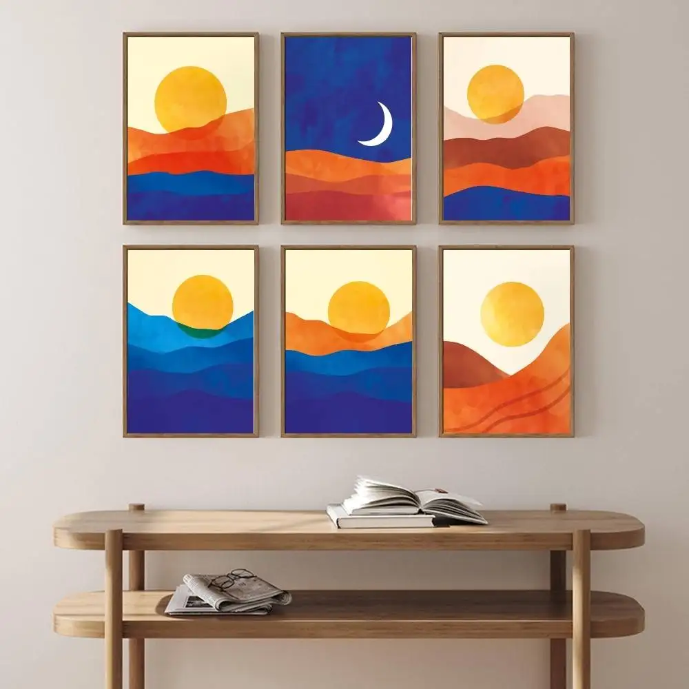 Retro Bohemian Style Abstract Horizon Desert Sun Moon Colorful Minimalism Poster Home Living Bed Room Entrance Wall Decor
