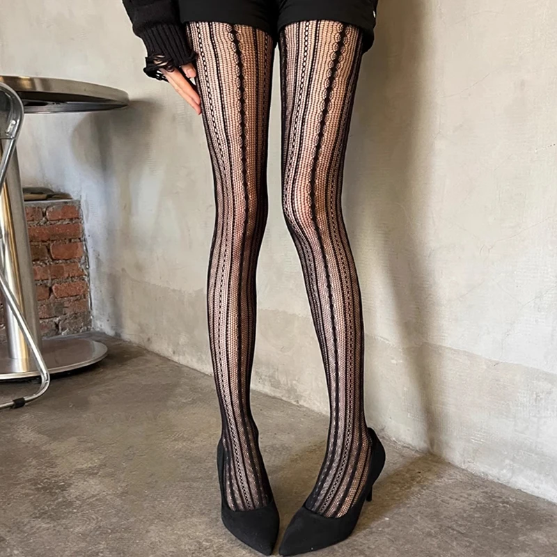 

Vintage Striped Fishnet Tights Women Sexy Hollow Pantyhose Elastic Y2K Leggings for Spring Autumn Seasonal Fashion Stockings