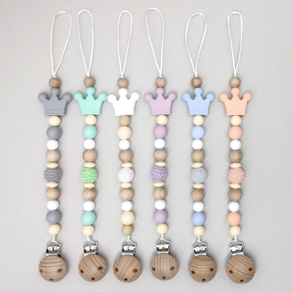 New Baby Pacifier Chain Clips Wood Silicone Round Crown Beads Teething Chain For Infant Appease Soother Dummy Holder Clip