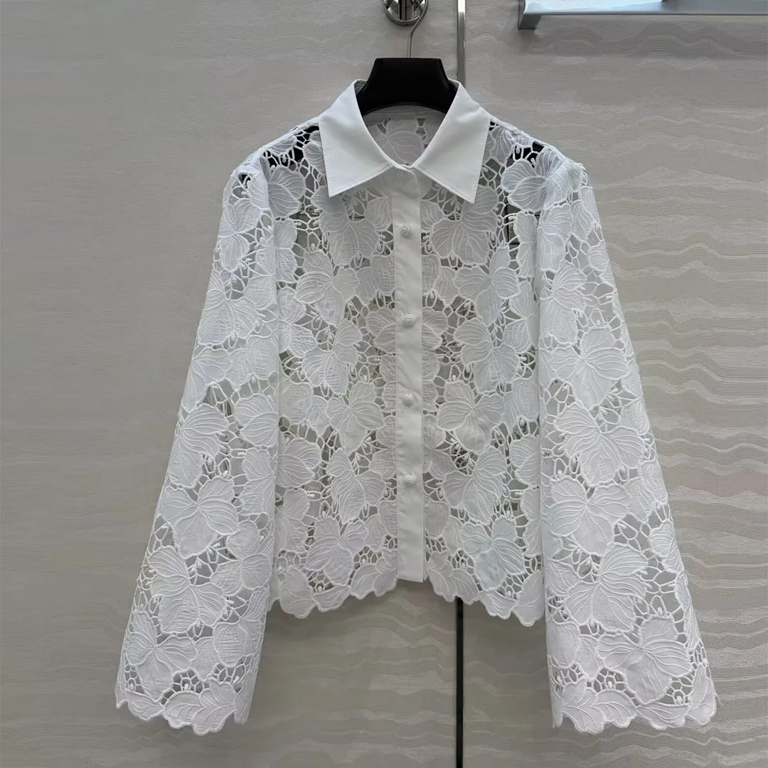 

Высококачественная кружевная блузка с цветочным узором, ажурная, свободного кроя, с отложным воротником, длинными рукавами, прозрачная, модная, шикарная