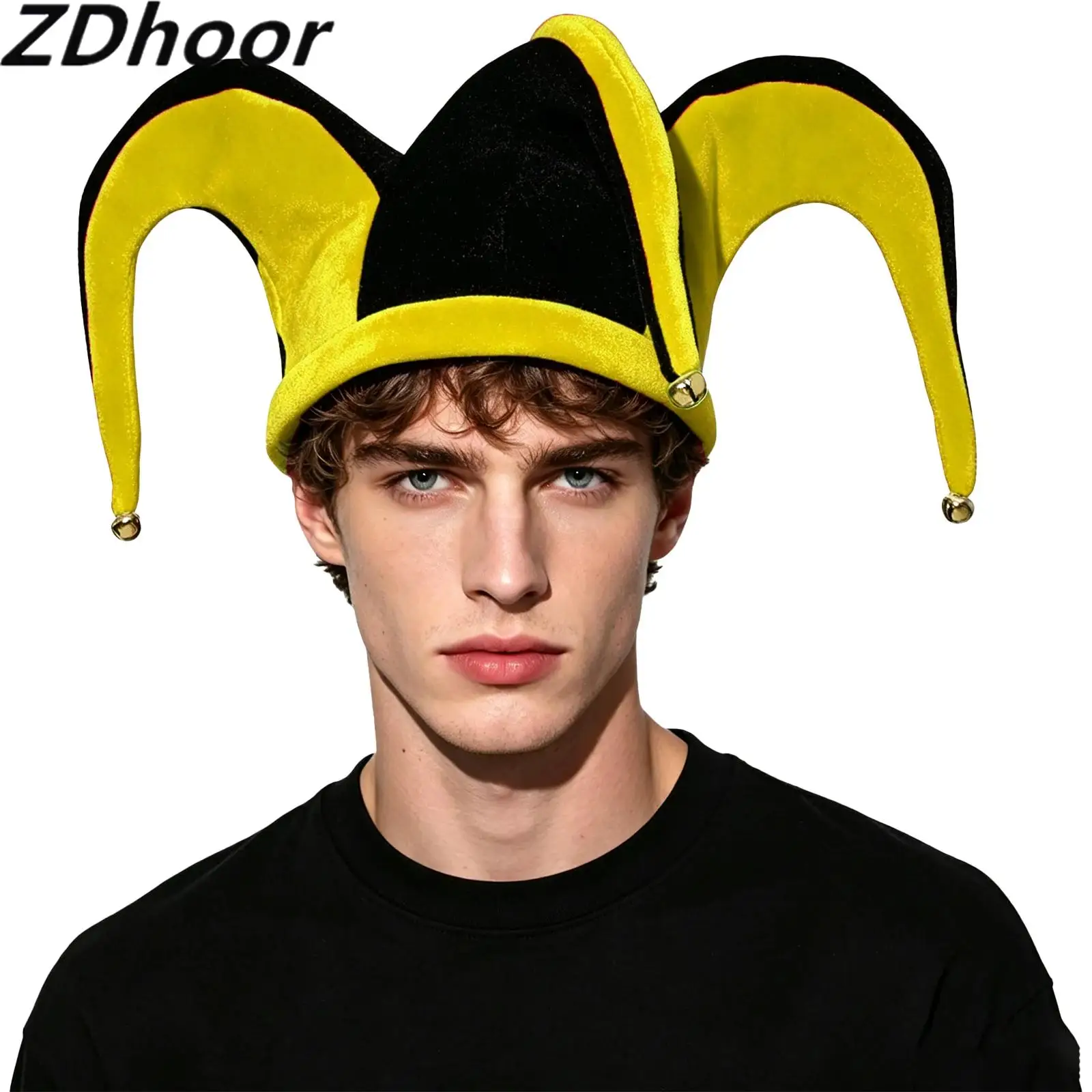Unisex Adults Men Women Clown Contrast Color Funny Jester Hat Cap with Bells for Halloween Cosplay Carnival Stage Performances