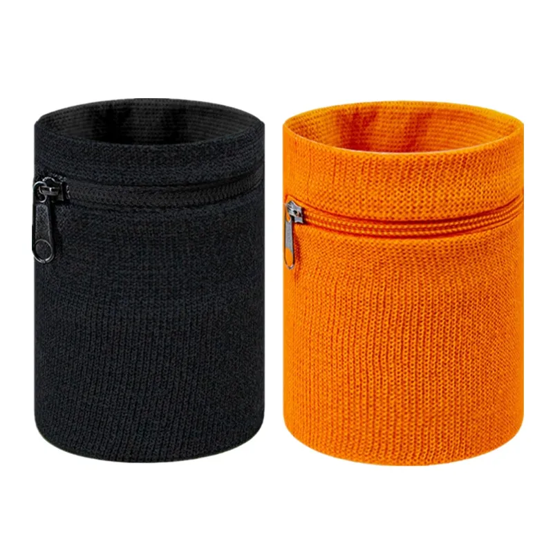 Unisex Wristband Coin Keys Storage Zipper Pocket Sport Wrist Wallet Gym Running Black Orange