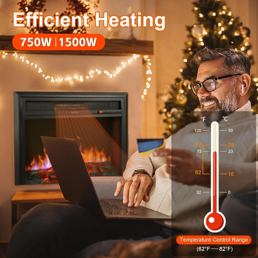 In-Wall Electric Fireplace Insert with Remote, 6-Level Brightness, Ideal for Living Room