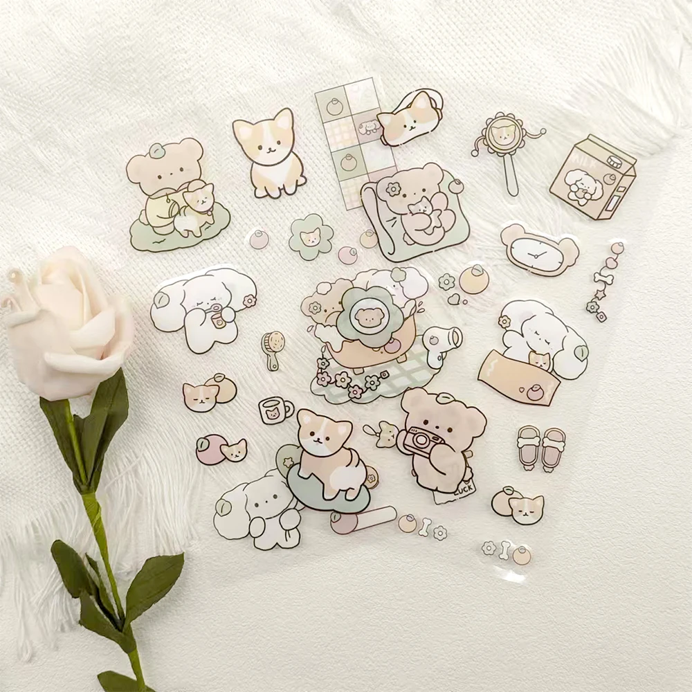 2Sheets Cute Countryside Bear and Dog Stickers Cartoon Animals Transparent Decal For Laptop Water Cup Fridge Phone PET Stickers