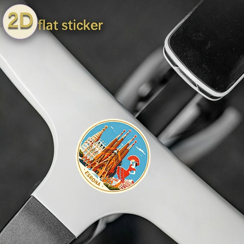 Vintage Round Stickers Featuring the Sagrada Família in Spain—Exotic Travel-Themed Electric Scooter Frame Stickers,