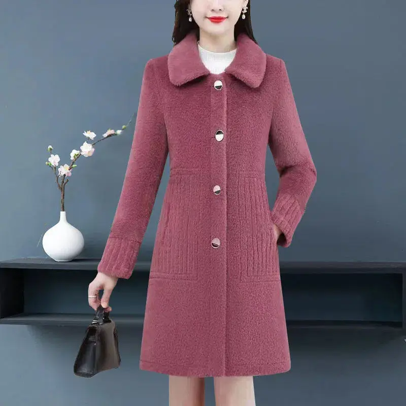 Winter New Solid Color Long Sleeve Fashion Windbreaker Women High Street Mid-length Button Pockets Patchwork Warm Thick Cardigan