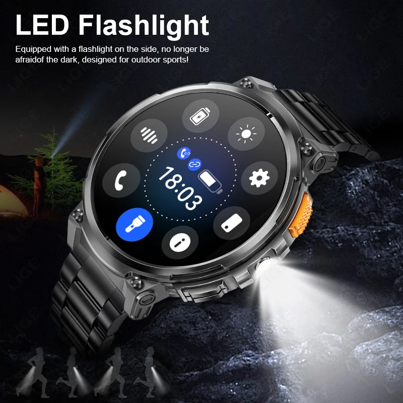 LIGE K66 Smart Watch Men Flashlight Bluetooth Call 1.85inch 128MB Memory 730mAh Large Battery LED Light Outdoor Sport Smartwatch