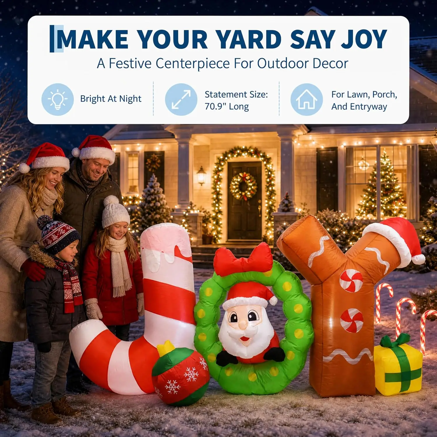6FT Lighted Christmas Inflatable Joy Sign with Santa Claus, Built in LED, Outdoor Yard Lawn Garden Porch Decoration, Easy Setup, Self-Inflating Waterproof Fabric, New Year Party Supplies