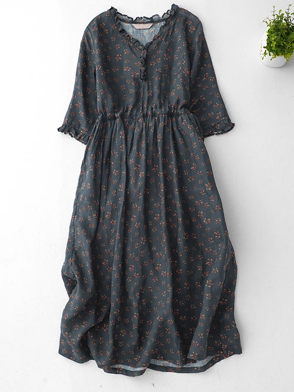 

Retro Print Cotton Linen Midi Dress with Belt Half Sleeve V-Neck Lace Trim Large Size Women's Summer Dress Casual Style