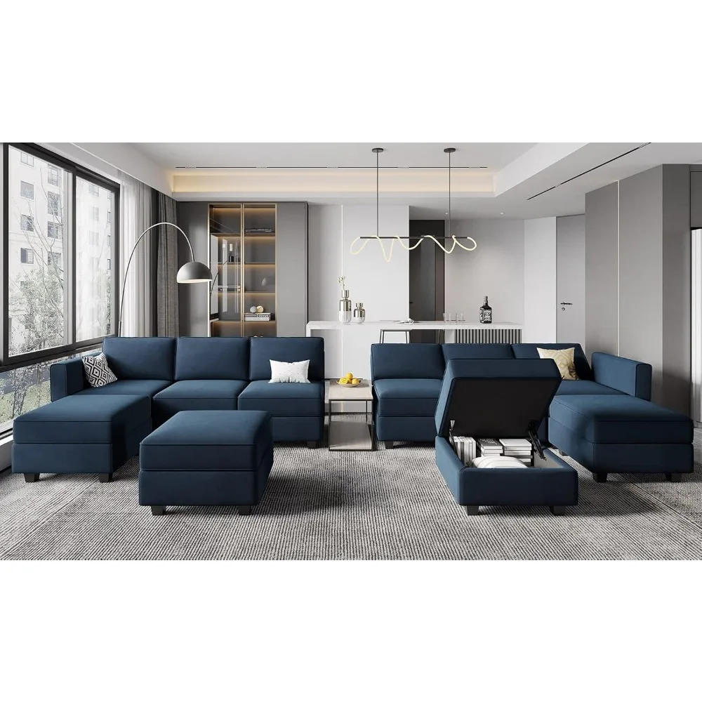모듈형 섹셔널 소파 벨벳 블루 팔걸이 등받이 모듈, 소파 측면의 편안함과 지지 제공