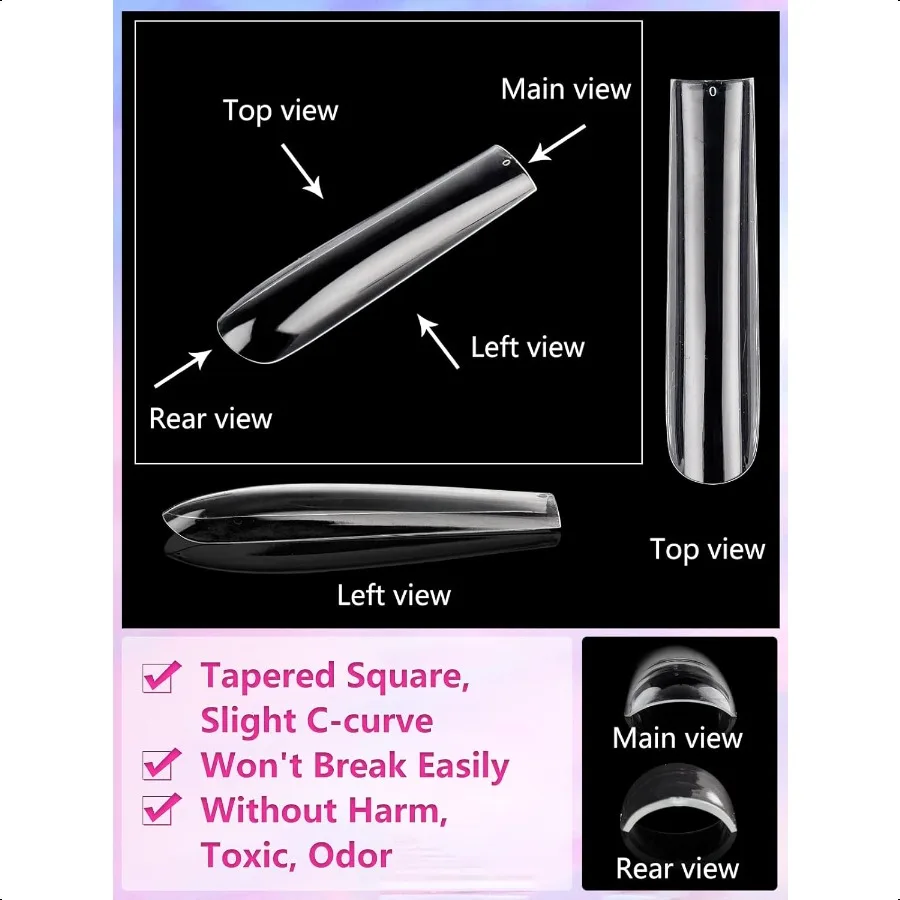 504PCS Clear Square Nail Tips for Acrylic Nails Profional XXL XXXL Extra Long Tapered Square Straight Acrylic Nail Tips Full Co
