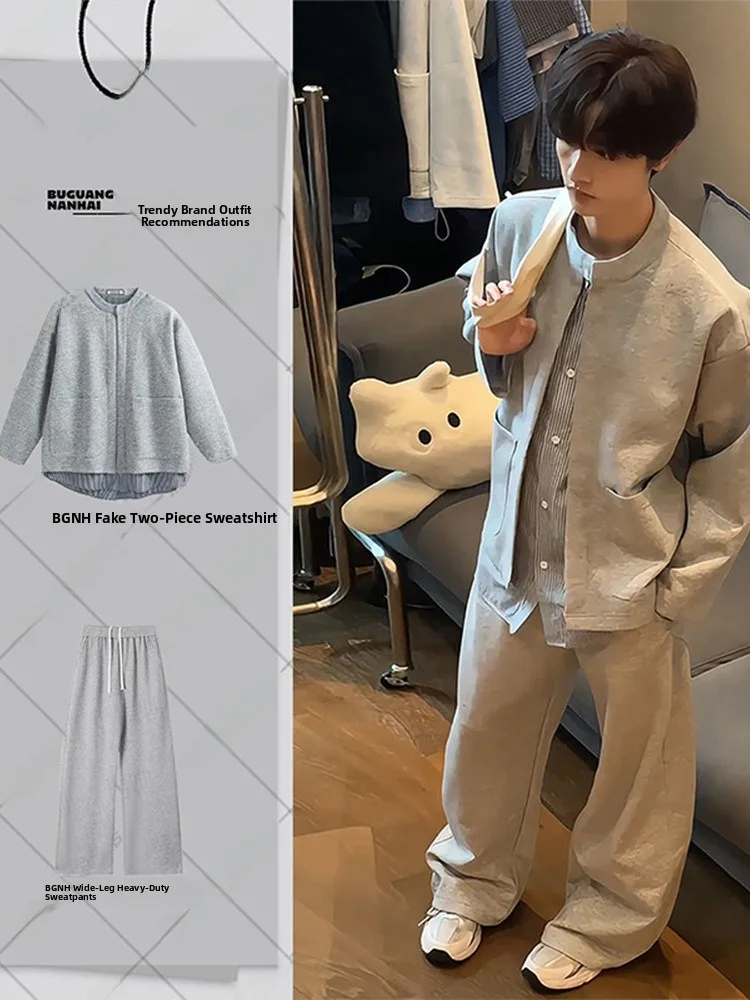 

Cool Men's Faion Set OOTD Open Cardigan Hoodie Sweatpants Clete Casual Sli Polyester Long Sve Long Pants Autumn