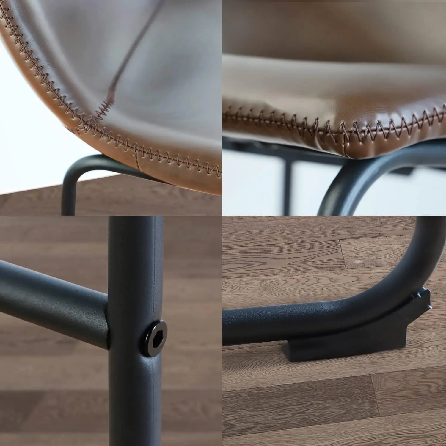 3피스 브라운 인조 가죽 바 스툴, 산업용 등받이 및 발판, 카운터 높이(24')