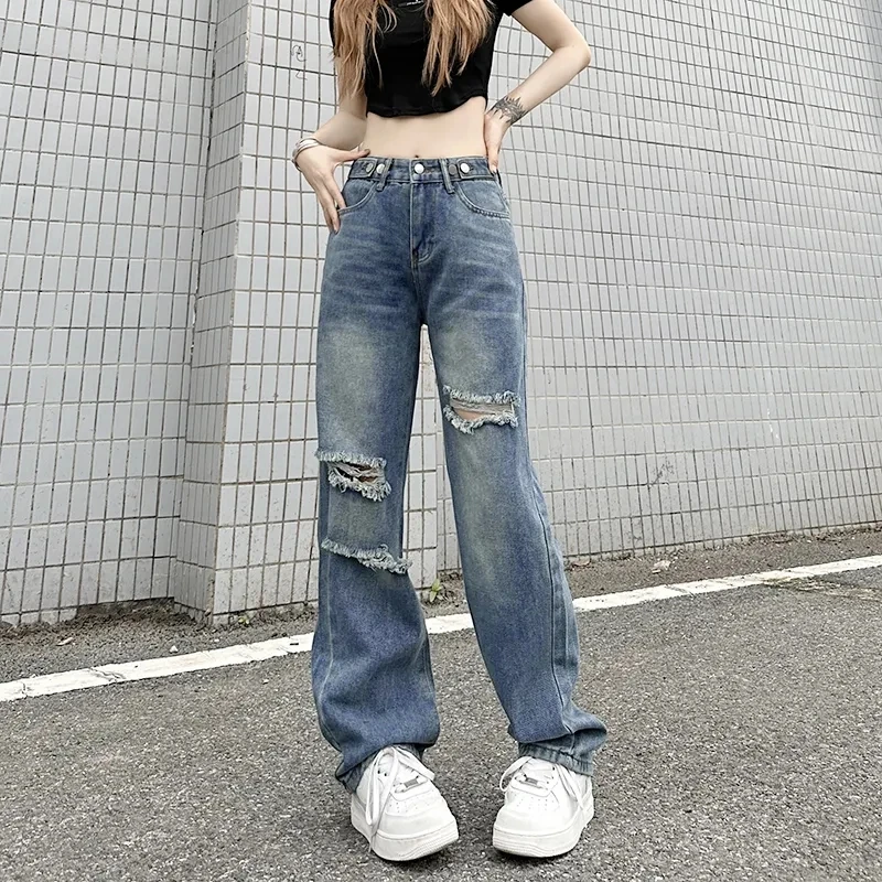 Tidal Current Ripped Y2k Baggy Jeans Women Korean Style Streetwear Casual Trousers Vintage High Waist Wide Leg Women's Pants