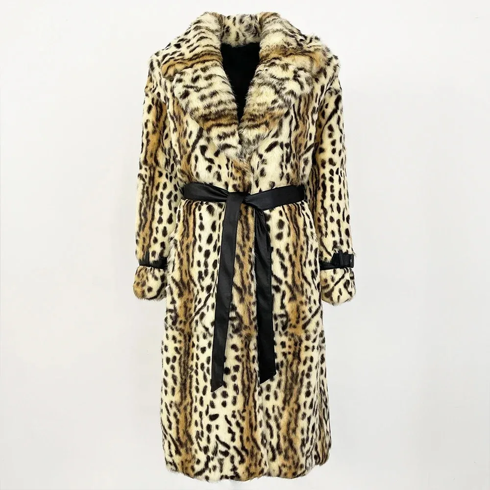 الخريف الشتاء النساء معطف فرو الأرنب فوق الركبة الجلود كاملة المستوردة موضة ليوبارد طباعة معطف سميكة الدافئة الفراء المتكاملة #4