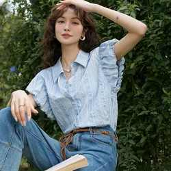 Casual Sweet Blue Striped Short Sleeved Women's Shirt 2024 Summer New Bubble Sleeve High-end Temperament Elegant Shirt Top