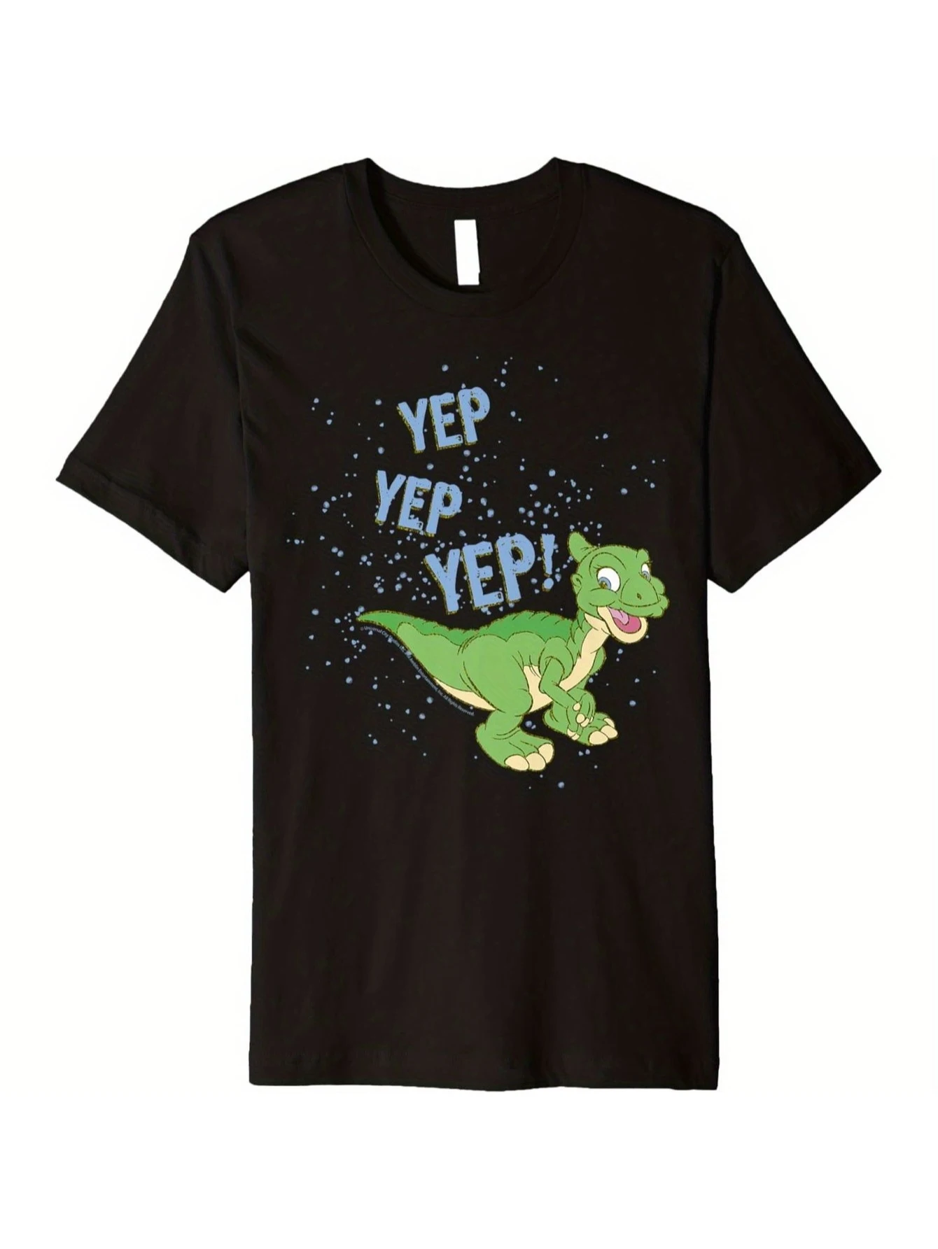

Футболка с рисунком Land Before Time Ducky «Yep Yep» — 100% хлопок, черная с синим текстом,
