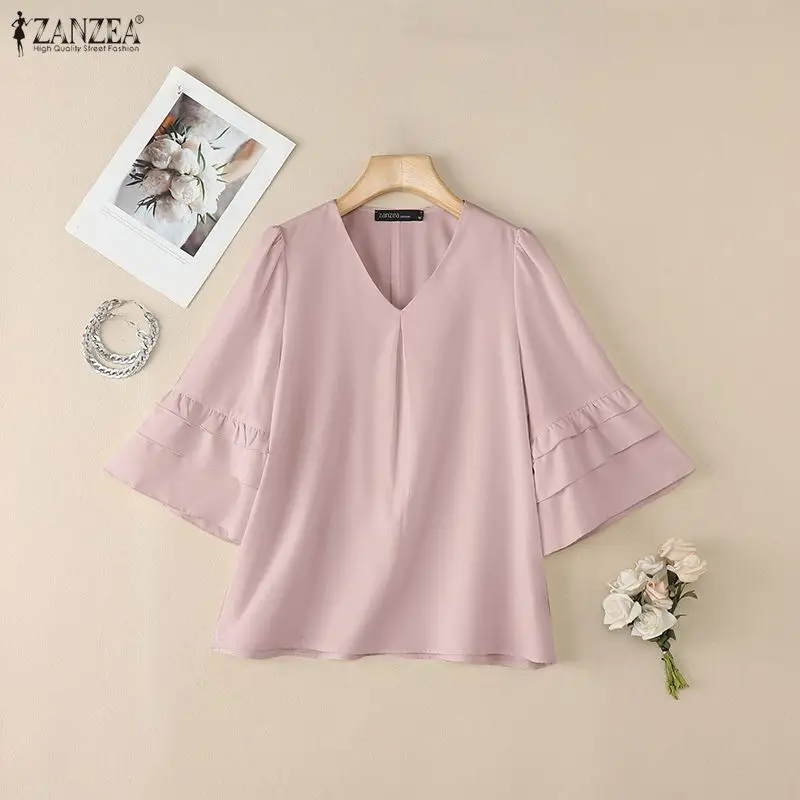 2026 Summer Elegant 3/4 Ruffled Sleeve Work Shirt ZANZEA Office Women Blouse Stylish Casual V Neck Holiday Tops Solid Blusas