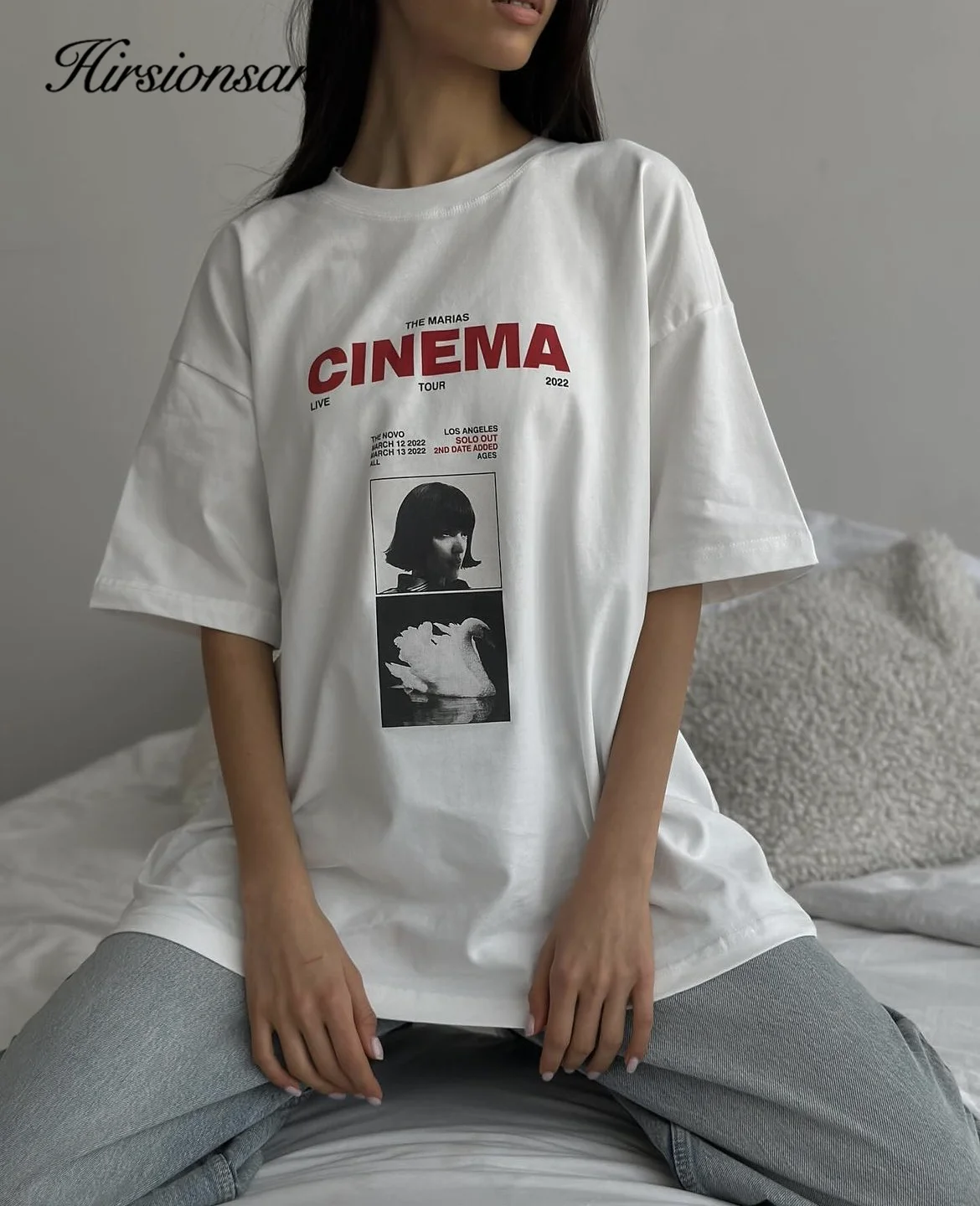 Hirsionsan 여성용 시네마 레터 프린트 티셔츠, 부드러운 코튼 반팔 티, 오버사이즈 하이트 스트리트 고딕 상의, 여름