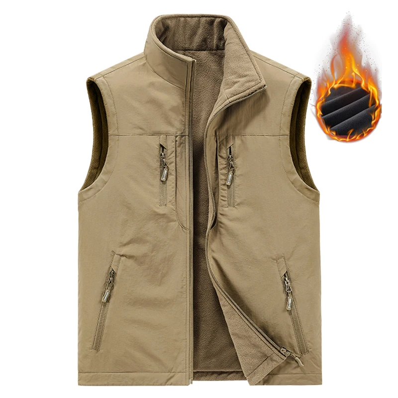 6XL Mens Double-sided Camping Vests Warm Fleece Multi-pocket Utility Casual Tactical Outerwear Outdoor Hiking Cargo Cotton Vests