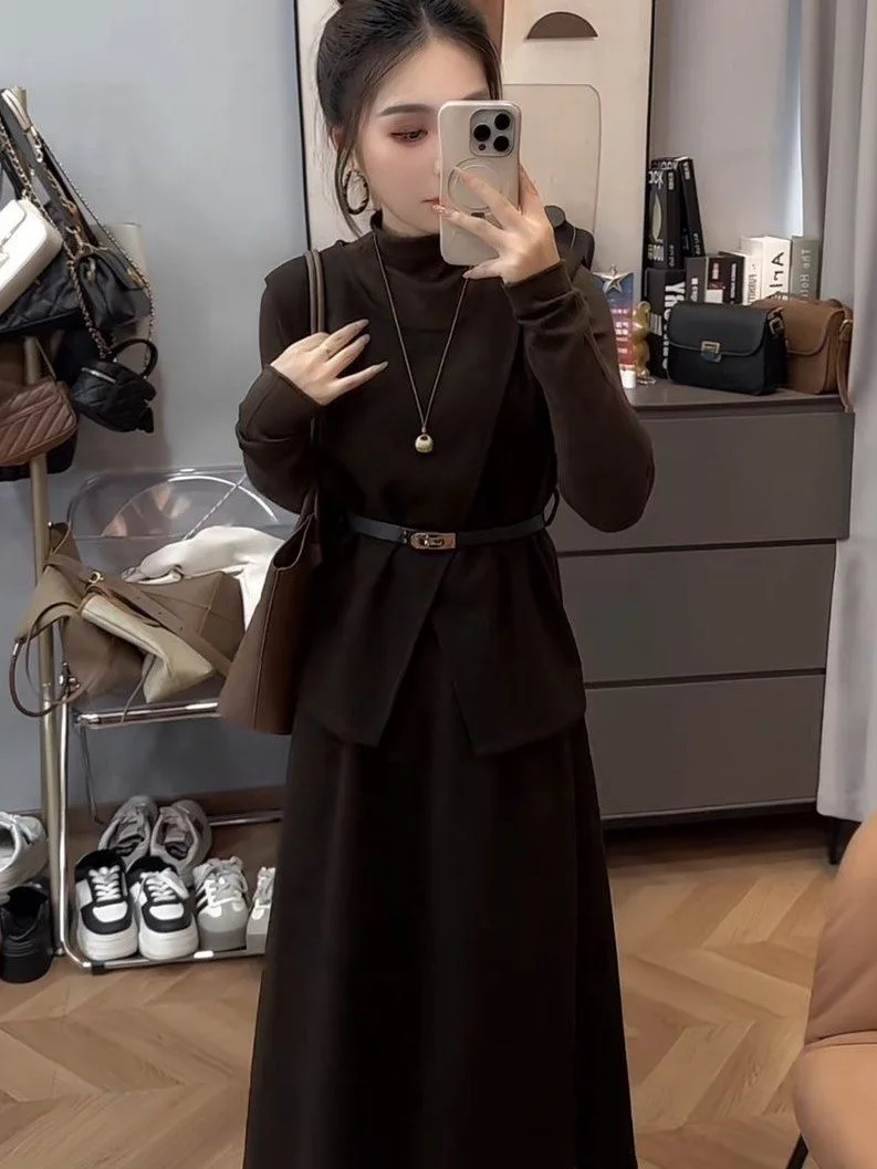 

Faionable Women's Tee-Piece Set Long Sve Base irt Slimming Vest Skirt Spring Autumn New Sle Korean Sle