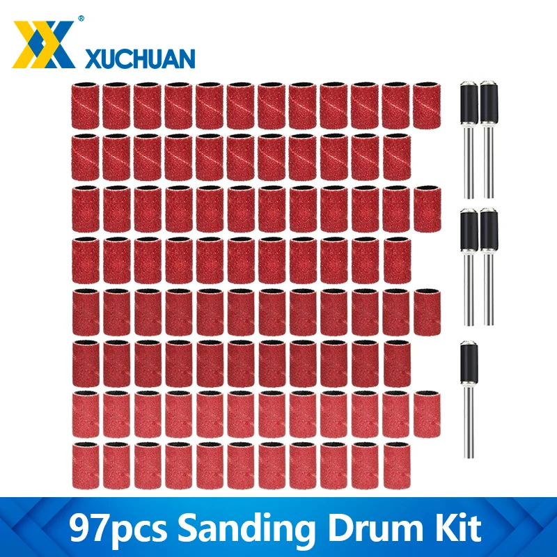 97PCS Sanding Drums Kit #60 #120 #240 #320 Grit Sanding Band With Mandrels For Nail Drill Rotary Abrasive Tools