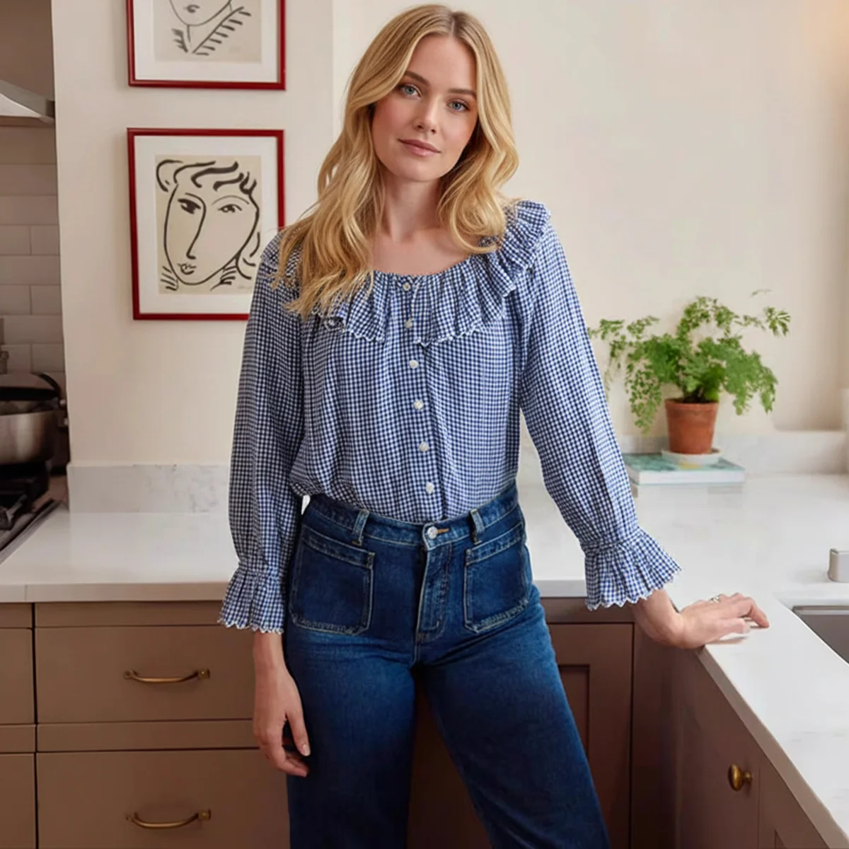 

2026 Women's Blue Gingham Off-Shoulder Blouse Shirts Ruffled Collar Bell Sleeve Cotton Sweet Vintage Casual Vacation Chic Tops