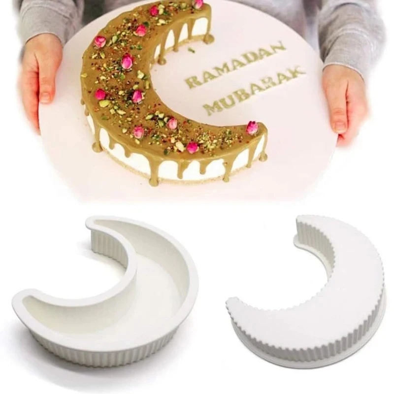 Ramadan Crescent Moon Silicone Mold for DIY Cake & Chocolate Islamic Dessert Making Kit with Heart Design, Eid Baking Gift Idea