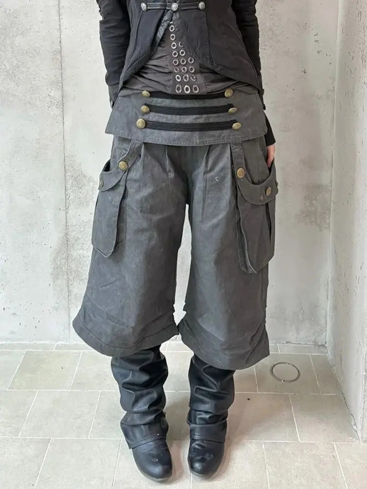 Retro Button Design Pleated Jeans Summer New Loose Cargo Seven-point Trousers Y2k Pants