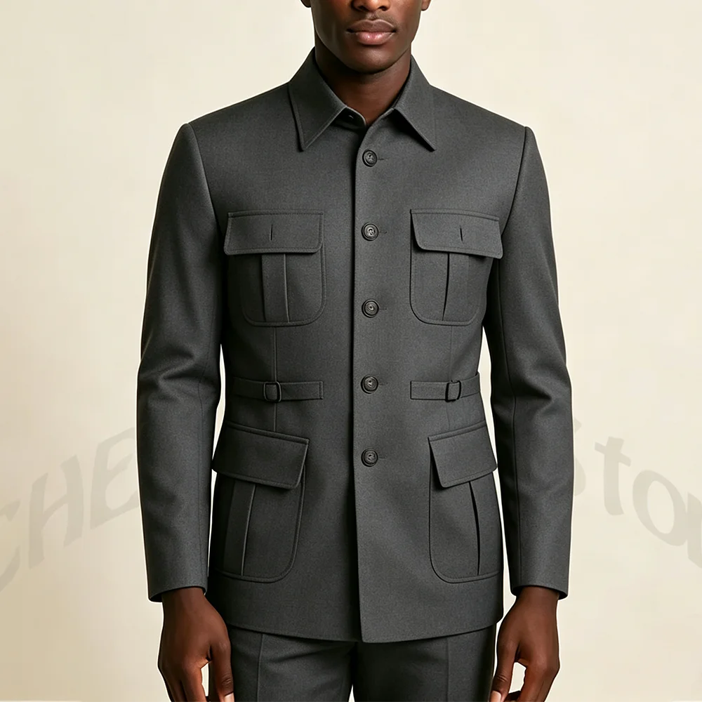 Safari Style Men's Suit Classic Peaked Lapel Multi Pockets Belt Waist Slim Fit Blazer Pants Set Fashion Casual Party Male Outfit