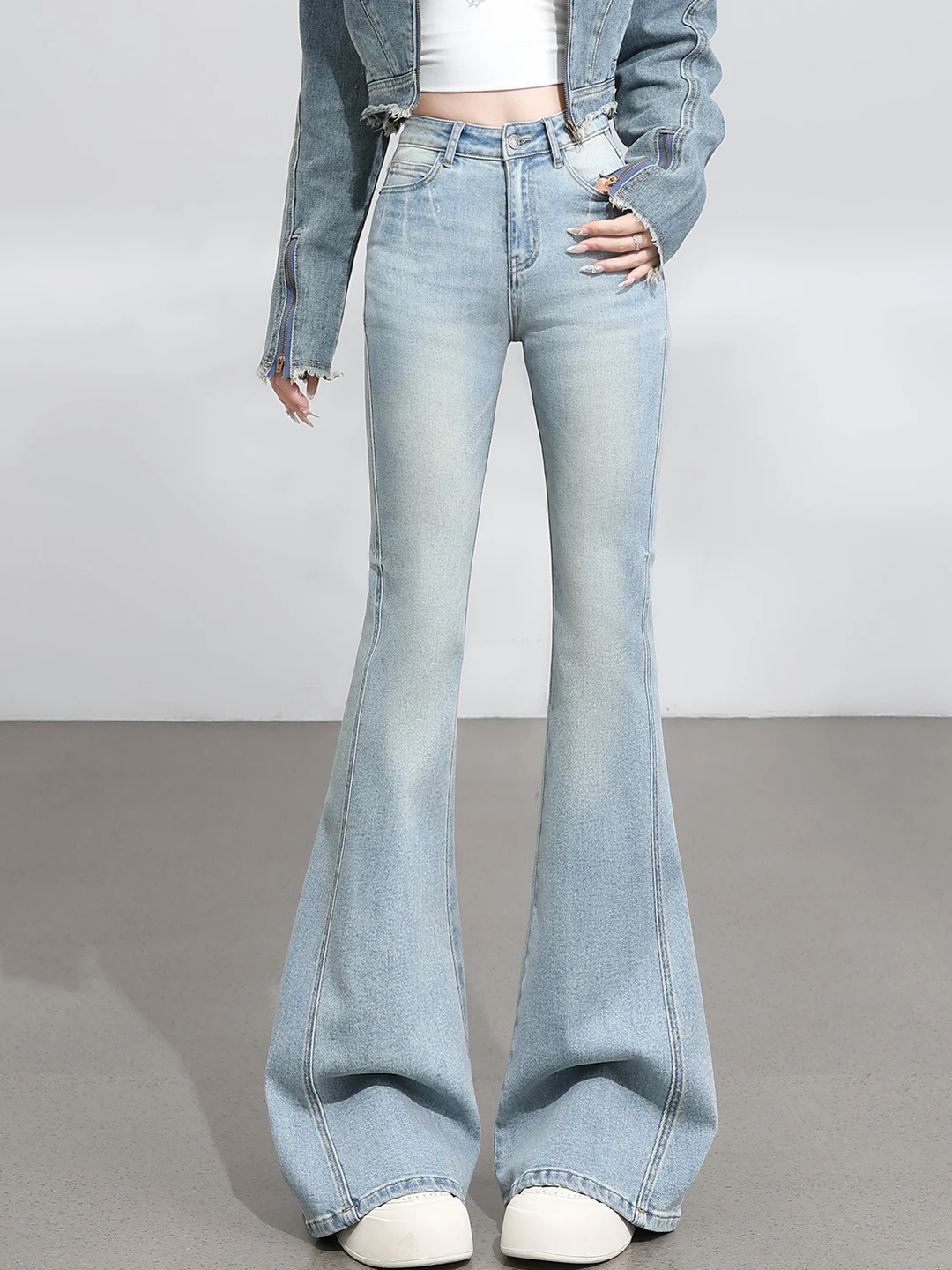 

Светло-голубые женские джинсы-клеш с высокой талией, облегающие, модные, весна 2026, повседневные, из смесового хлопка и полиэстера