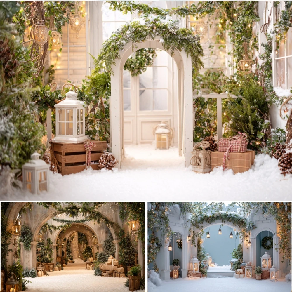 

Christmas Wonderland Photography Background Winter Snow Xmas Archway Wreath Lantern Gift Green Plant Family Decor Photo Backdrop