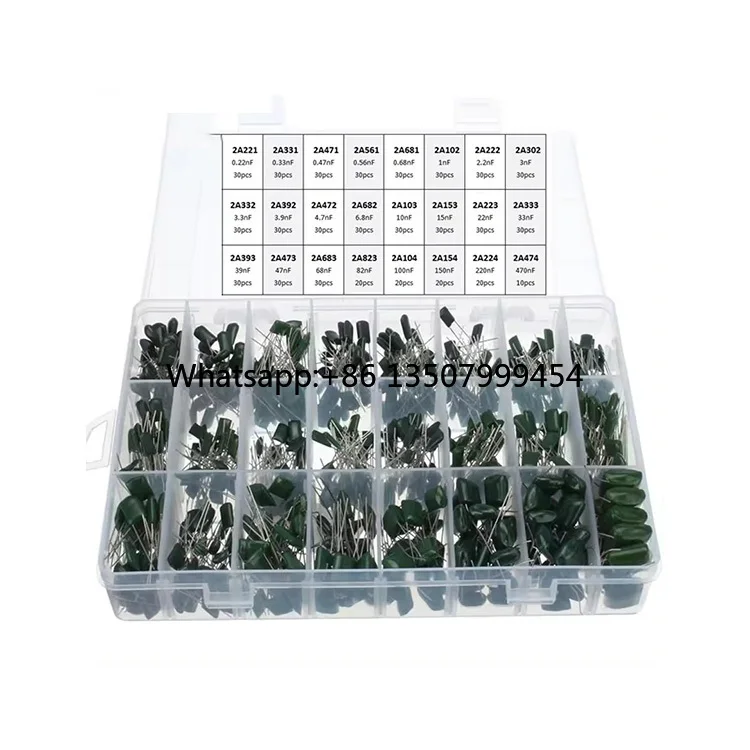 

Eiechip 660pcs/lot 24Value Army Green Hole General Purpose 100V Polyester Film Capacitor Customizable Assorted Kit 0.47nF 0.68nF