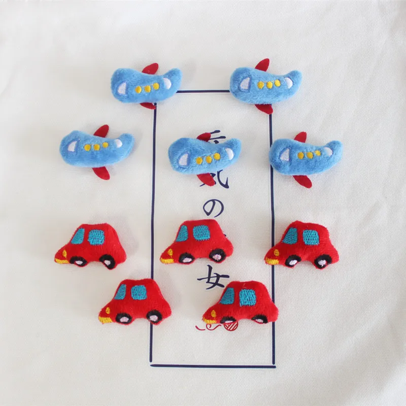 10pcs/lot   Cartoon red car blue plane dolls  hair clip accessories, plush fabric dog appliques for shoes clothing accessories